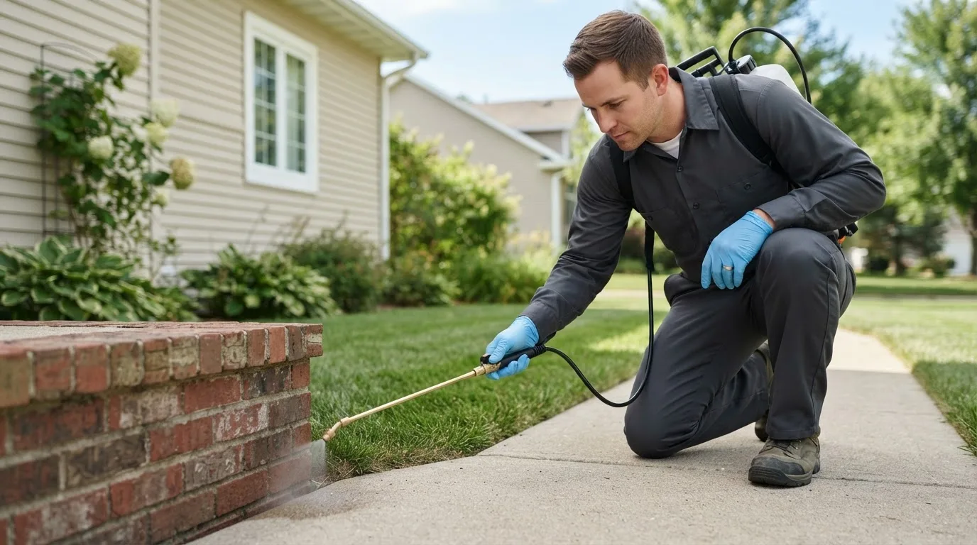 Pest control technician treating a home near Denbo, PA
