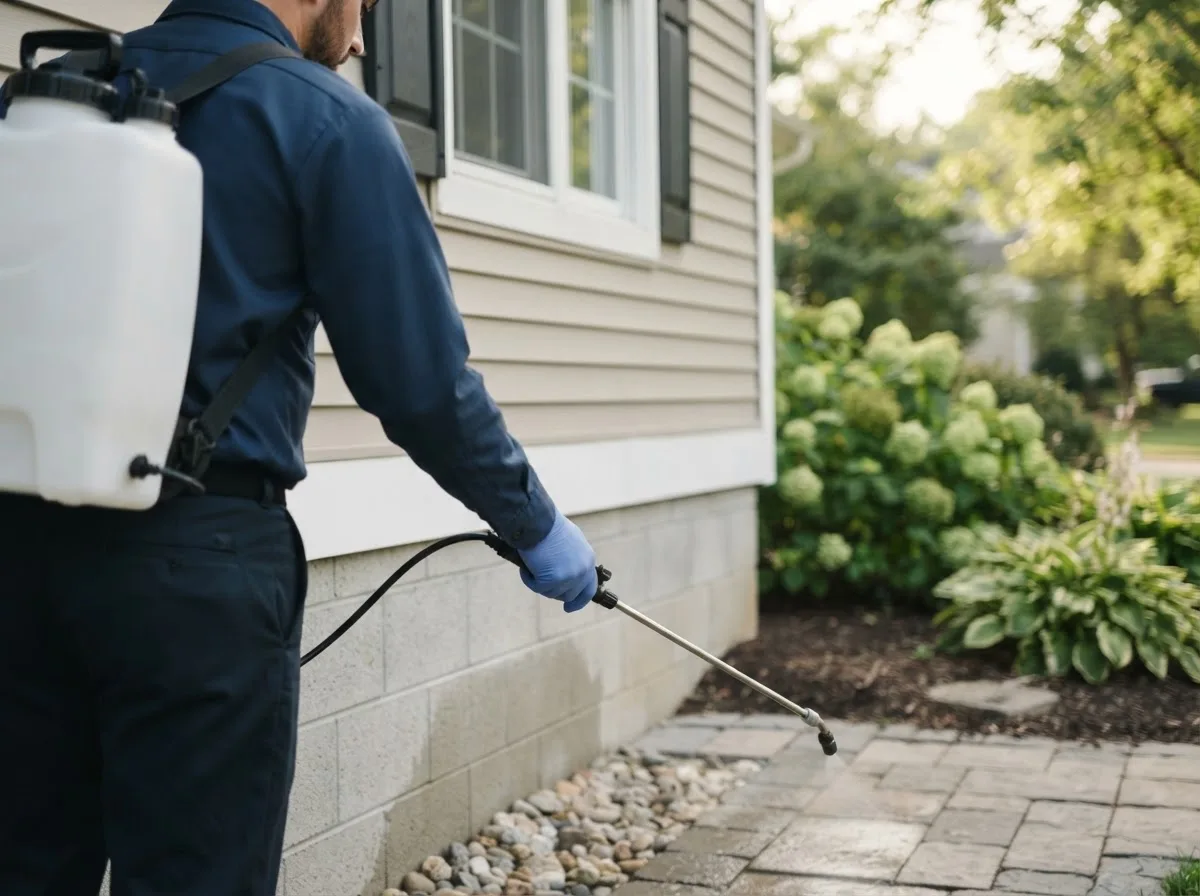 Pest control technician inspecting a home in Denbo, PA